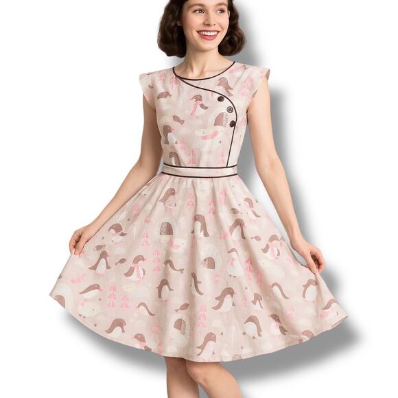 Retrolicious Penguin Polar Bear Igloo Print Fit And Flare Mini Dress Pink Small - Picture 1 of 14